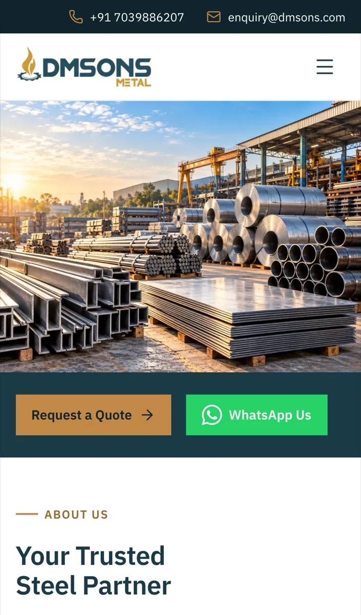 Dmsons Metal homepage on a phone: logo, steel yard photo and Request a Quote and WhatsApp buttons