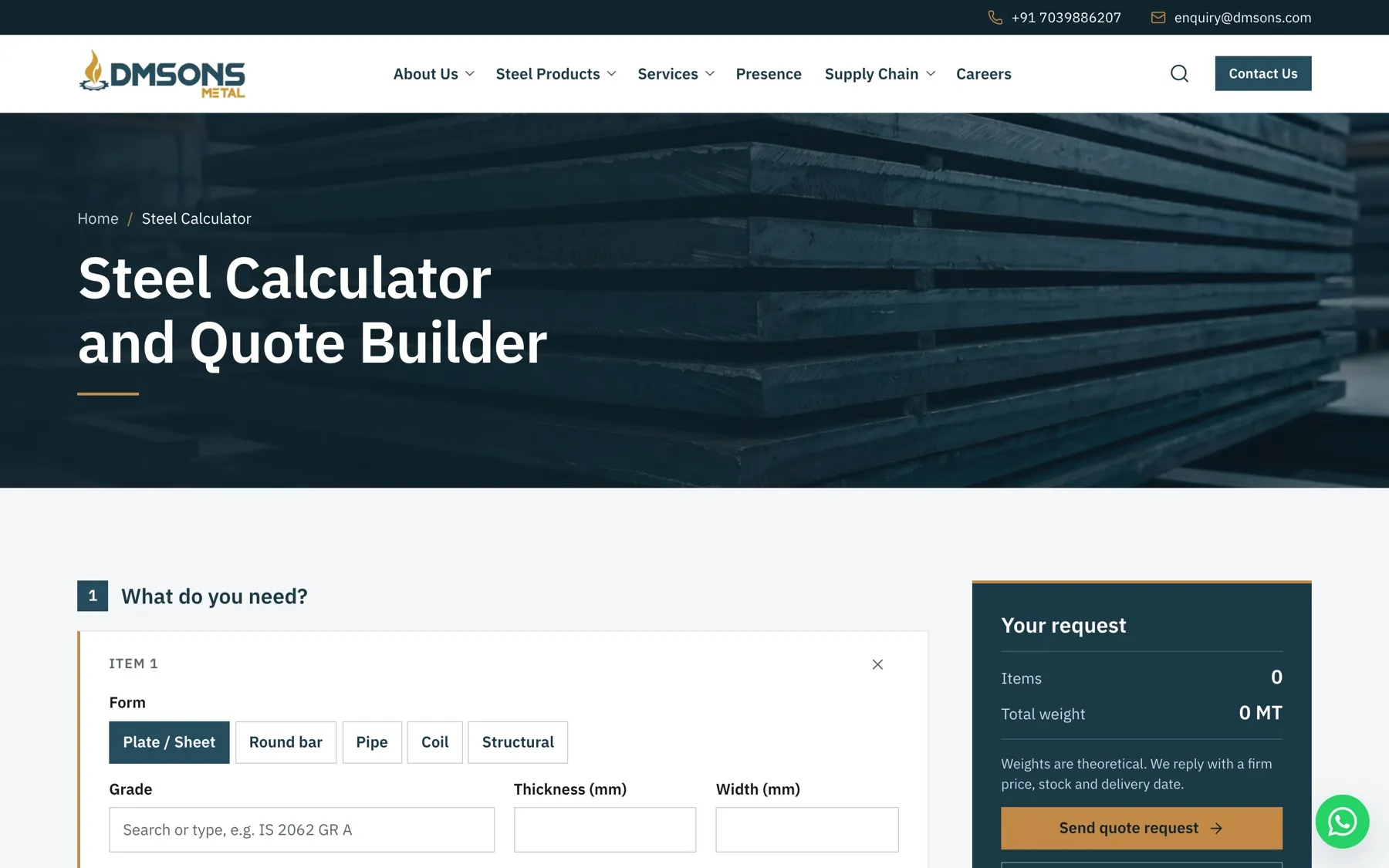 Dmsons Metal steel calculator: form buttons for plate, round bar, pipe, coil and structural, grade and size fields, and a quote request summary